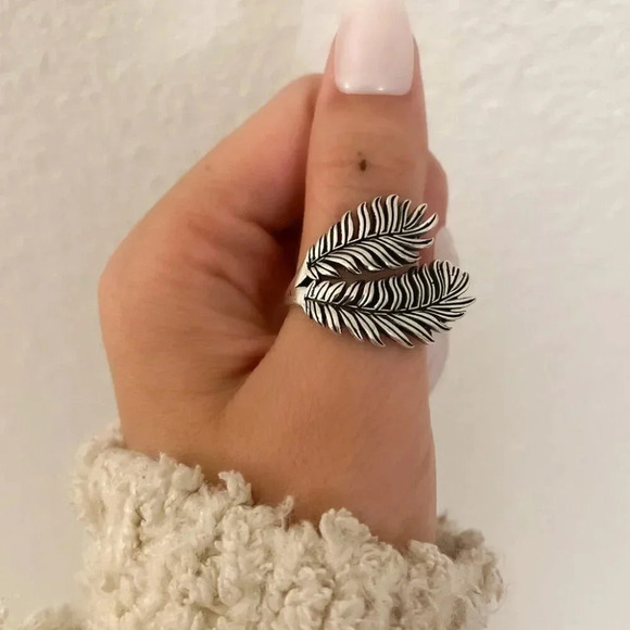 925 Sterling Silver Large Fan Palm Leaf Ring Feather Ring Chunky Statement Ring - Picture 3 of 8